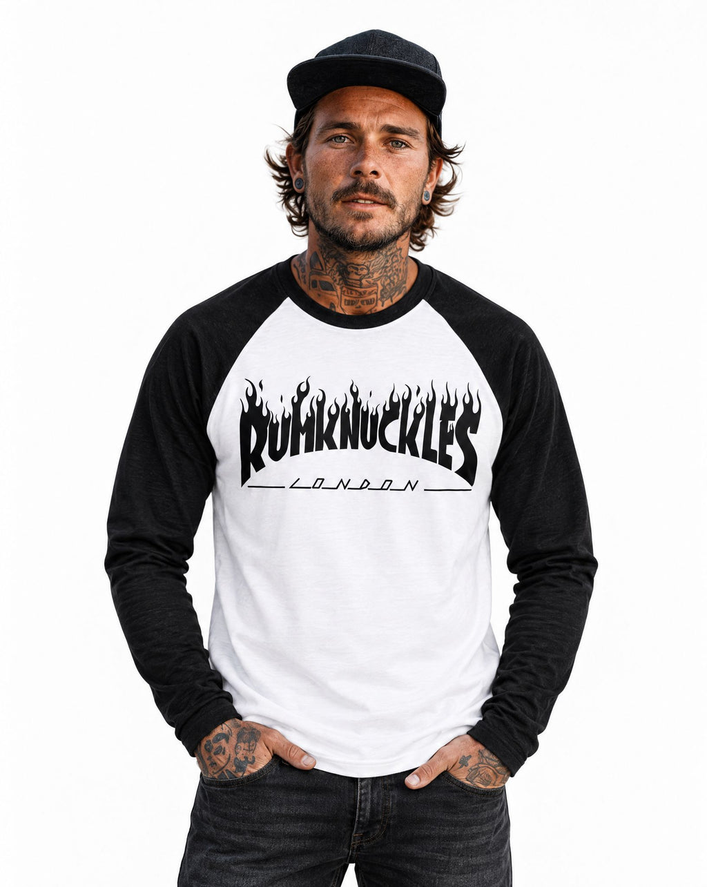 RUM KNUCKLES RK THRASH Baseball Tee - White/Black - model front