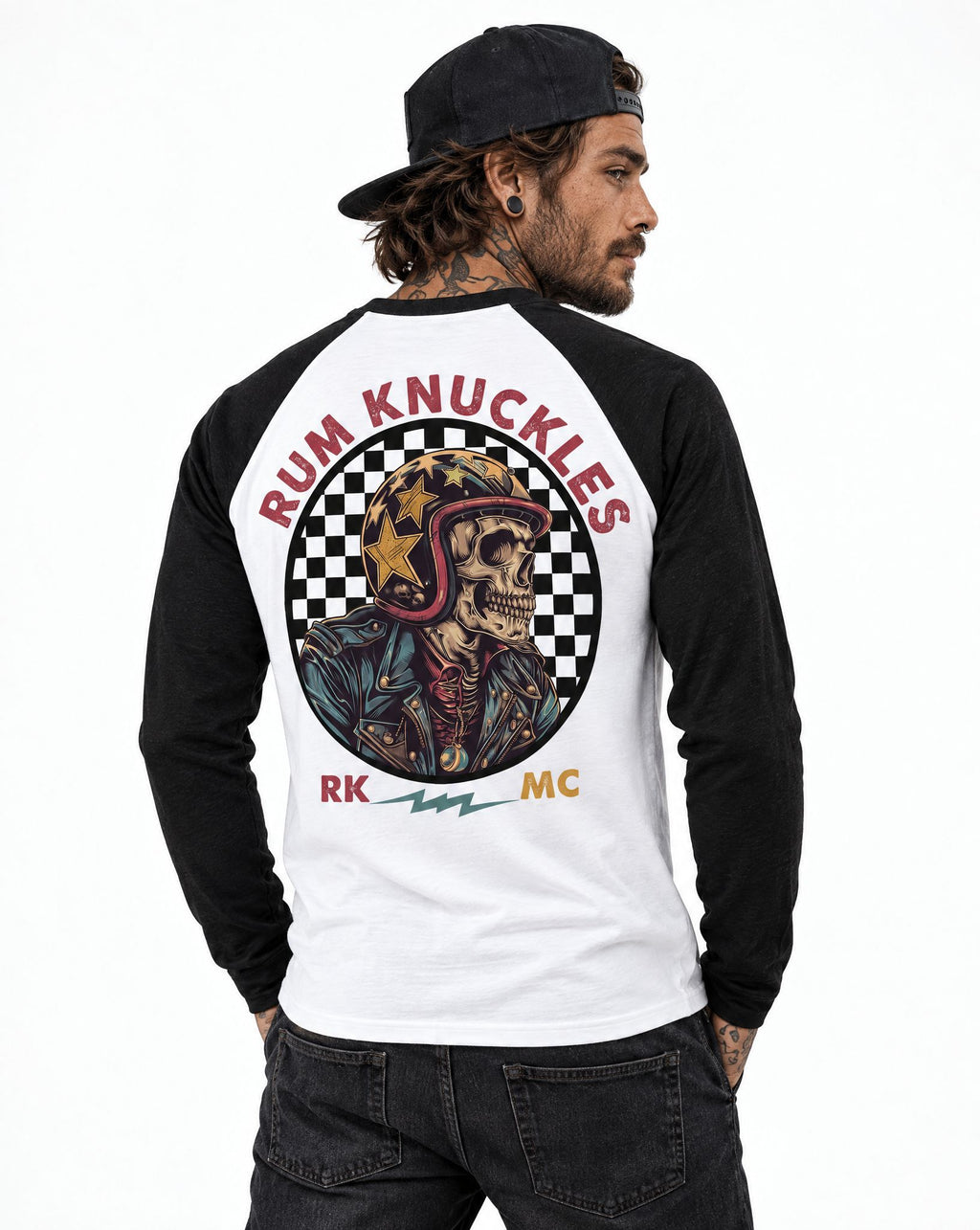 RUM KNUCKLES SKULL MOTO Baseball Tee - White/Black - model back