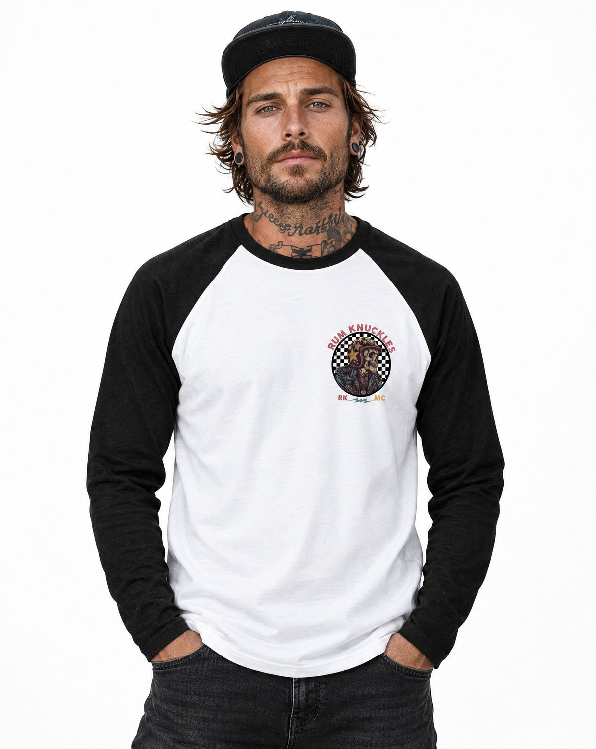 RUM KNUCKLES SKULL MOTO Baseball Tee - White/Black - model front