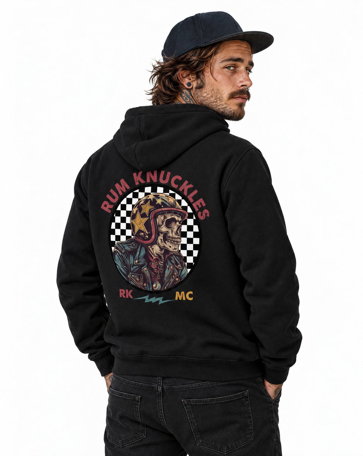 RUM KNUCKLES SKULL MOTO Zip Hoodie - Black - model back