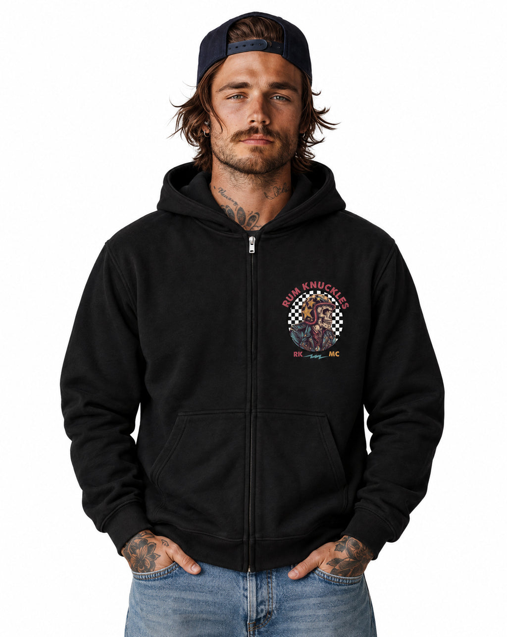 RUM KNUCKLES SKULL MOTO Zip Hoodie - Black - model front