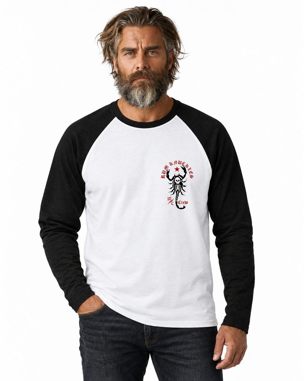 RUM KNUCKLES SCORPIO Baseball Tee - White/Black - model front