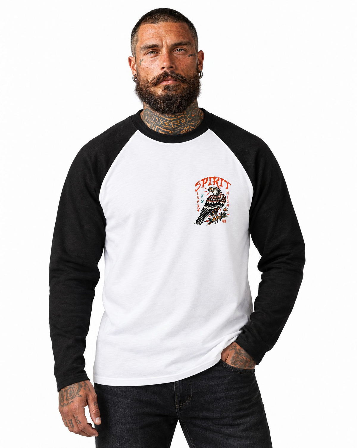 RUM KNUCKLES EAGLE SPIRIT Baseball Tee - White/Black - model front