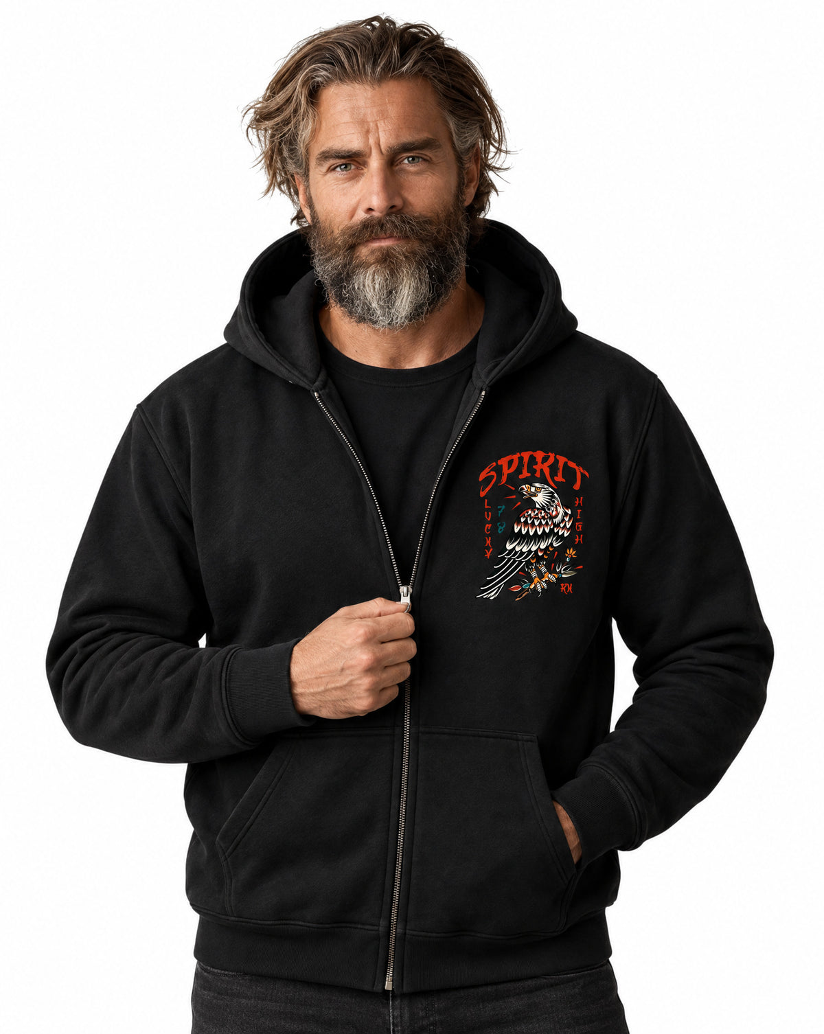 RUM KNUCKLES EAGLE SPIRIT Zip Hoodie - Black - model front