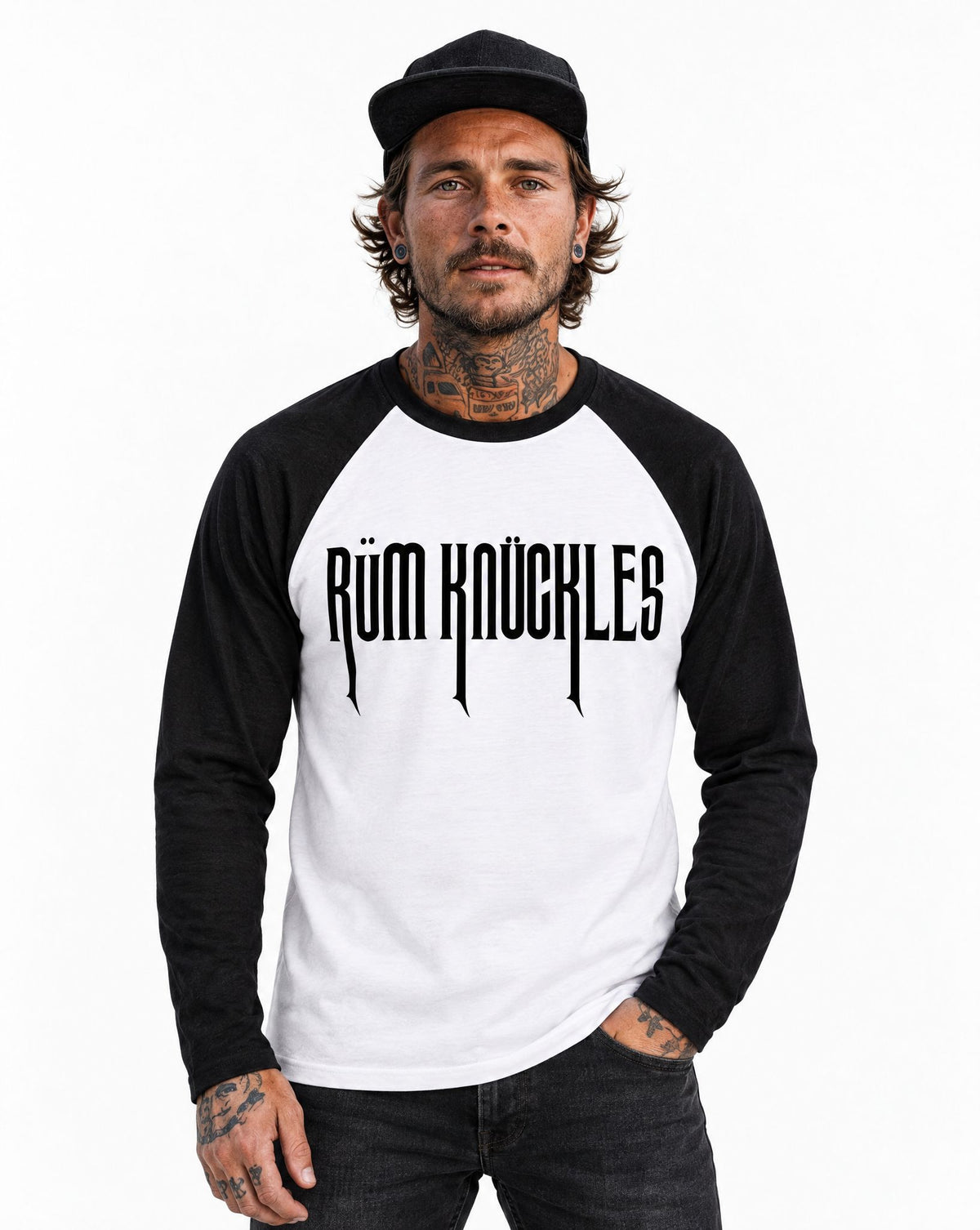 RUM KNUCKLES RK CREW Baseball Tee - White/Black - model front