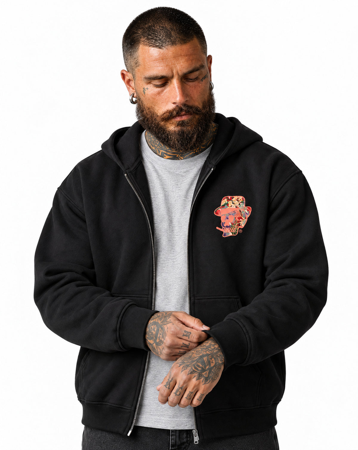 RUM KNUCKLES HAWAIIAN Zip Hoodie - Black - model front
