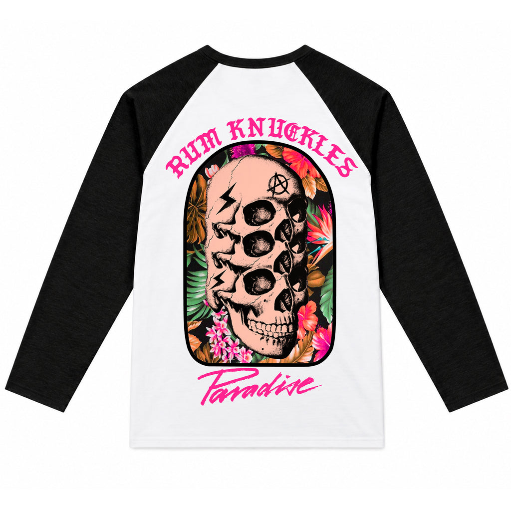 RUM KNUCKLES PARADISE SKULLS Baseball Tee - White/Black - back