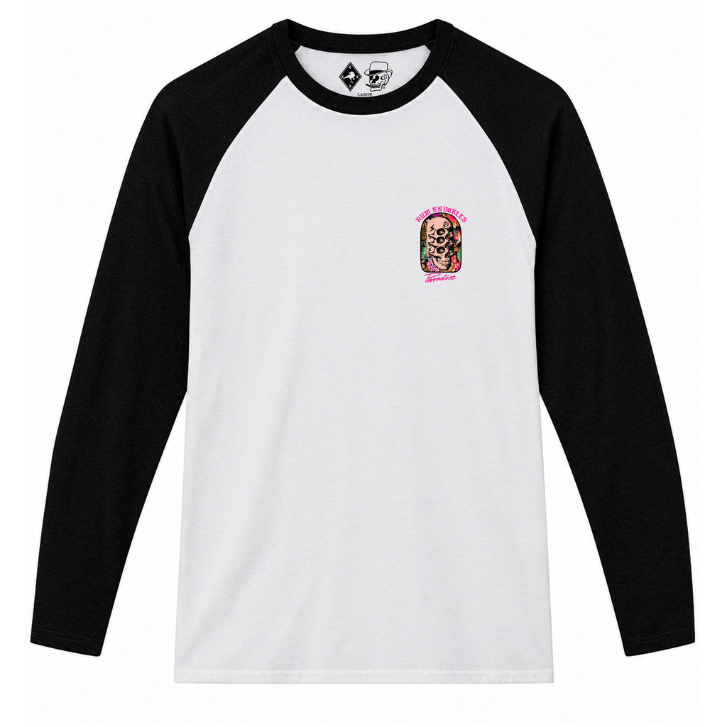 RUM KNUCKLES PARADISE SKULLS Baseball Tee - White/Black - front