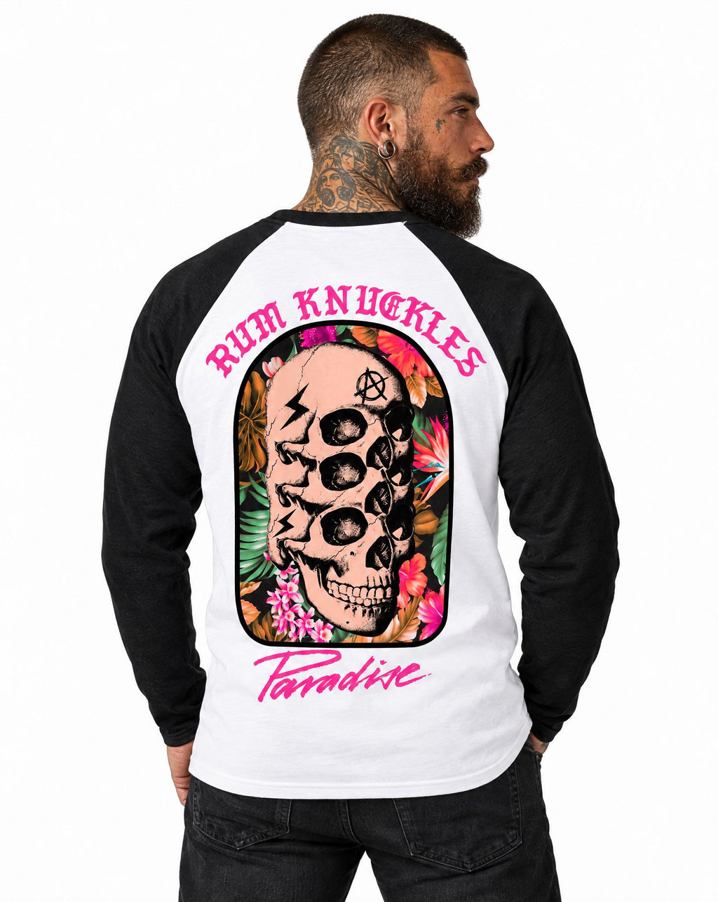 RUM KNUCKLES PARADISE SKULLS Baseball Tee - White/Black - model back