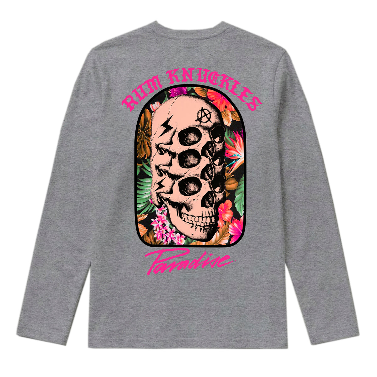 RUM KNUCKLES PARADISE SKULLS Long Sleeve Tee - Heather Grey - back