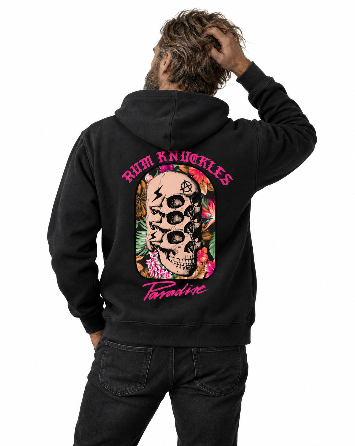 RUM KNUCKLES PARADISE SKULLS Zip Hoodie - Black - model back