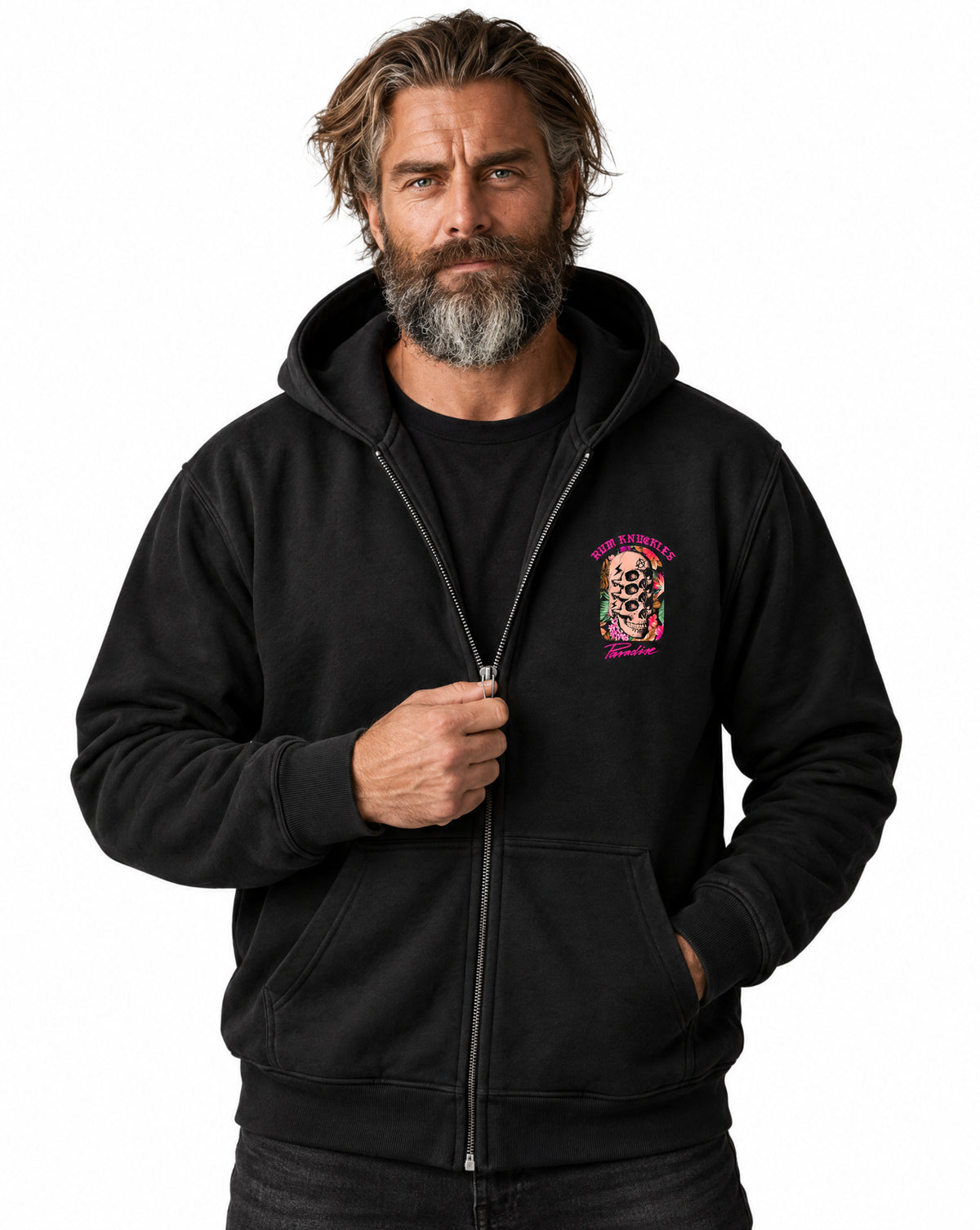 RUM KNUCKLES PARADISE SKULLS Zip Hoodie - Black - model front