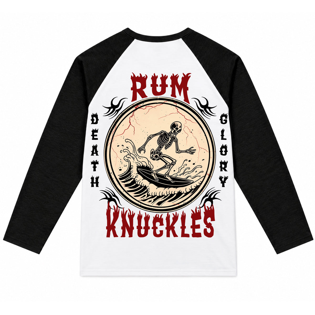 RUM KNUCKLES DEATH RIDER Baseball Tee - White/Black - back
