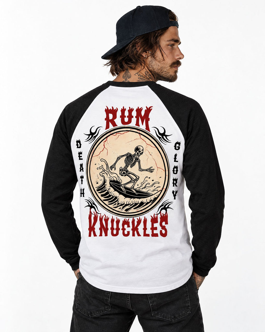 RUM KNUCKLES DEATH RIDER Baseball Tee - White/Black - model back