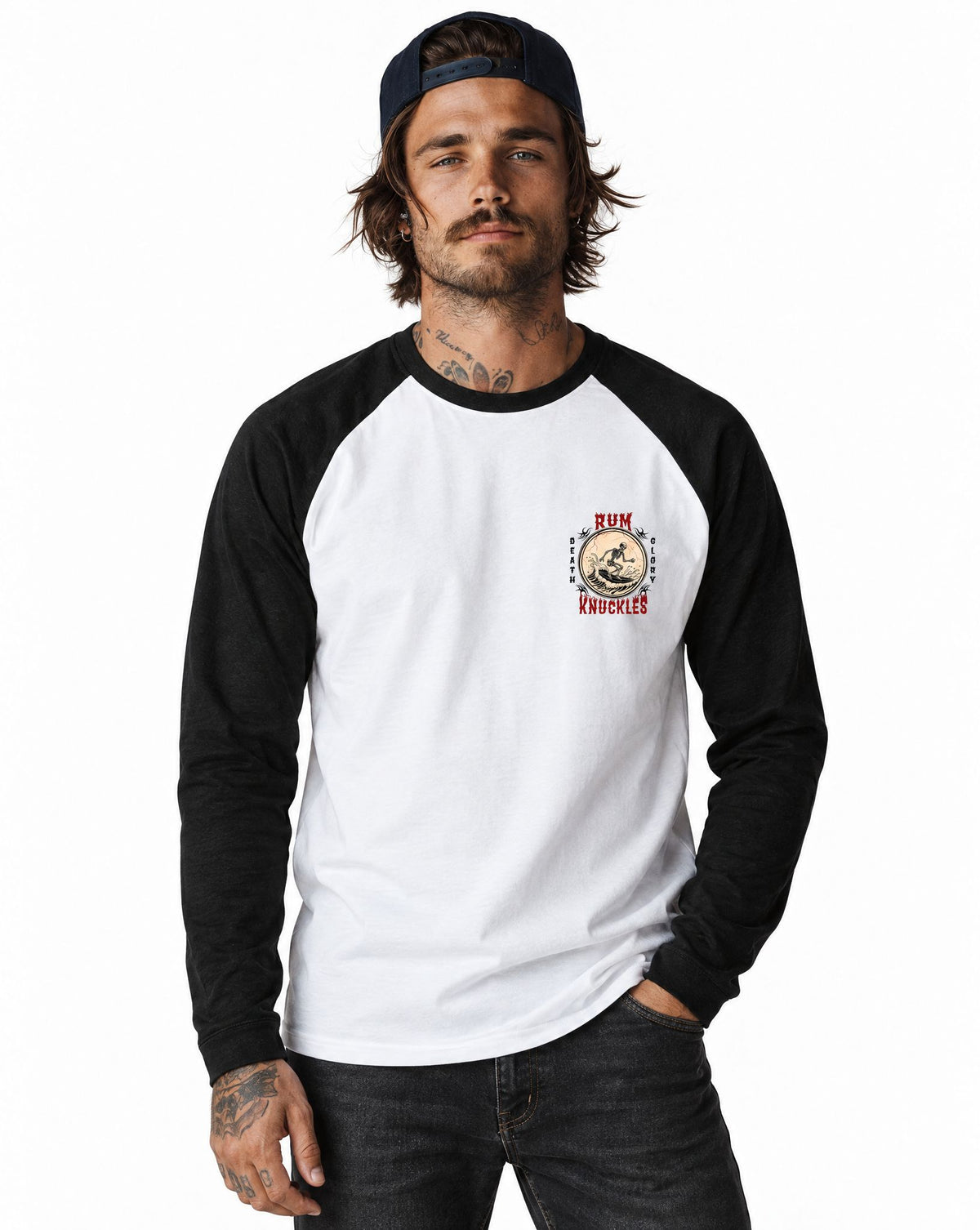 RUM KNUCKLES DEATH RIDER Baseball Tee - White/Black - model front