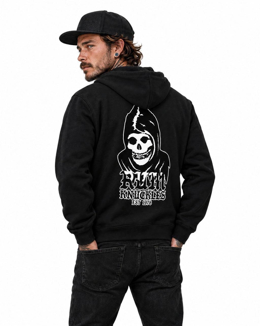 RUM KNUCKLES MIS RK FIT SKULL Zip Hoodie - Black - model back