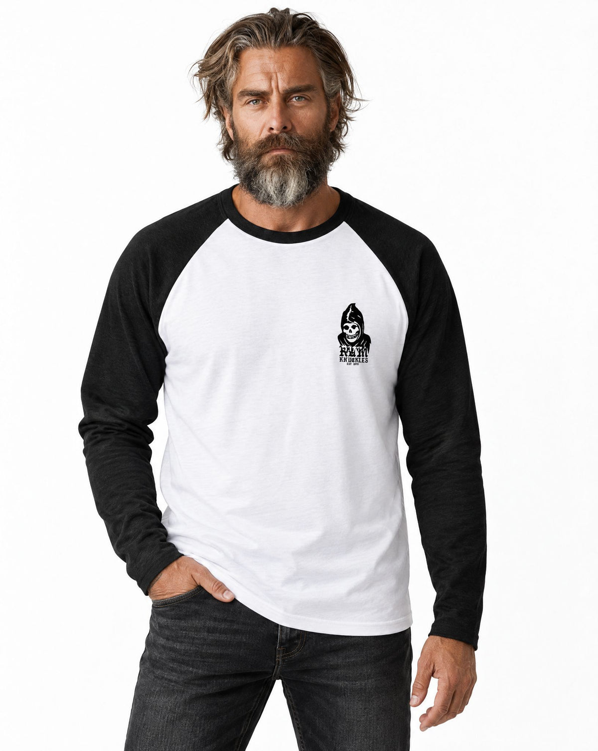 RUM KNUCKLES MIS RK FIT SKULL Baseball Tee - White/Black - model front