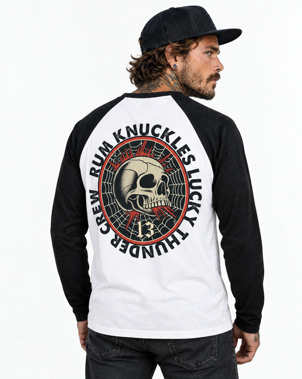 RUM KNUCKLES RK LUCKY THUNDER Baseball Tee - White/Black - model back