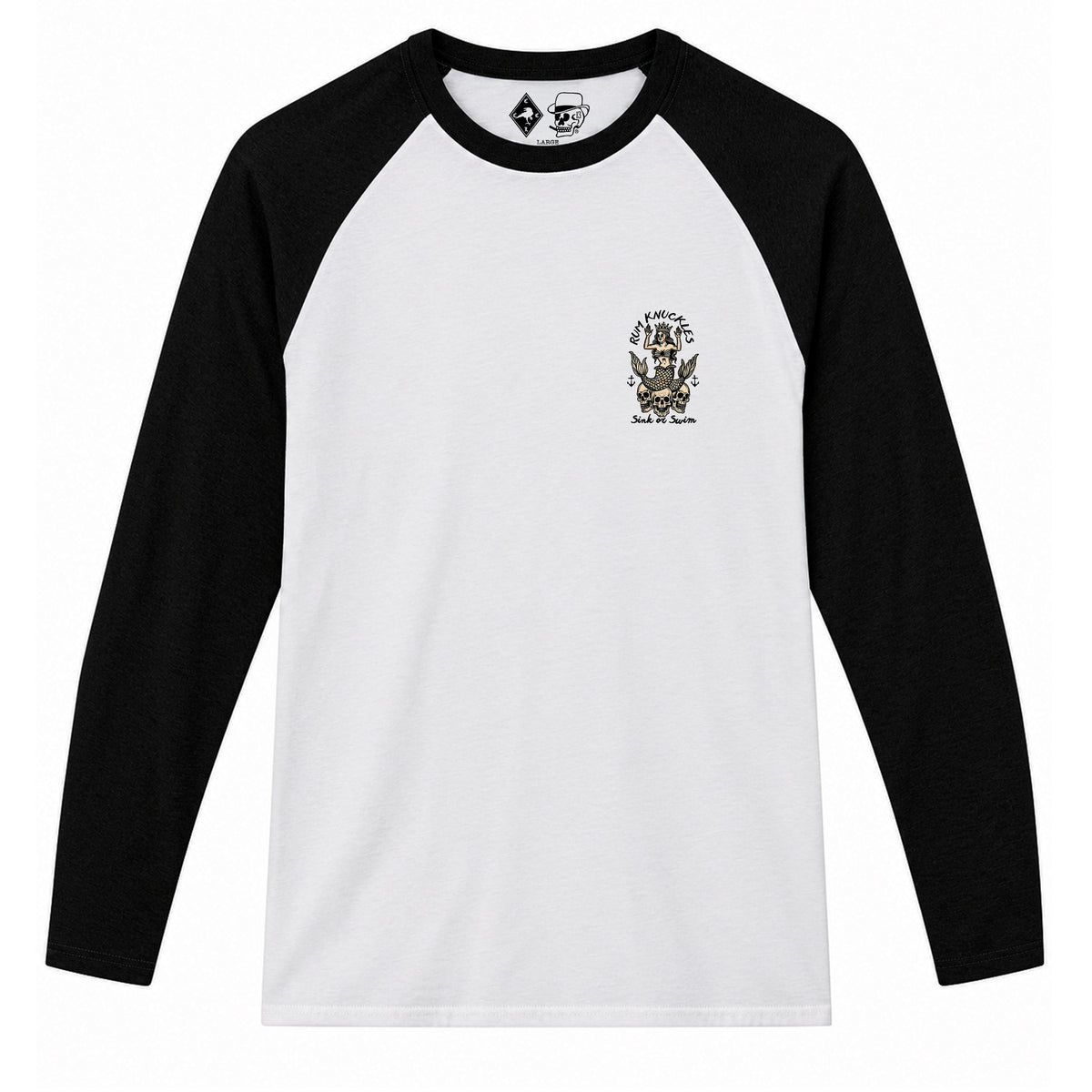 RUM KNUCKLES RK MERMAID Baseball Tee - White/Black - front