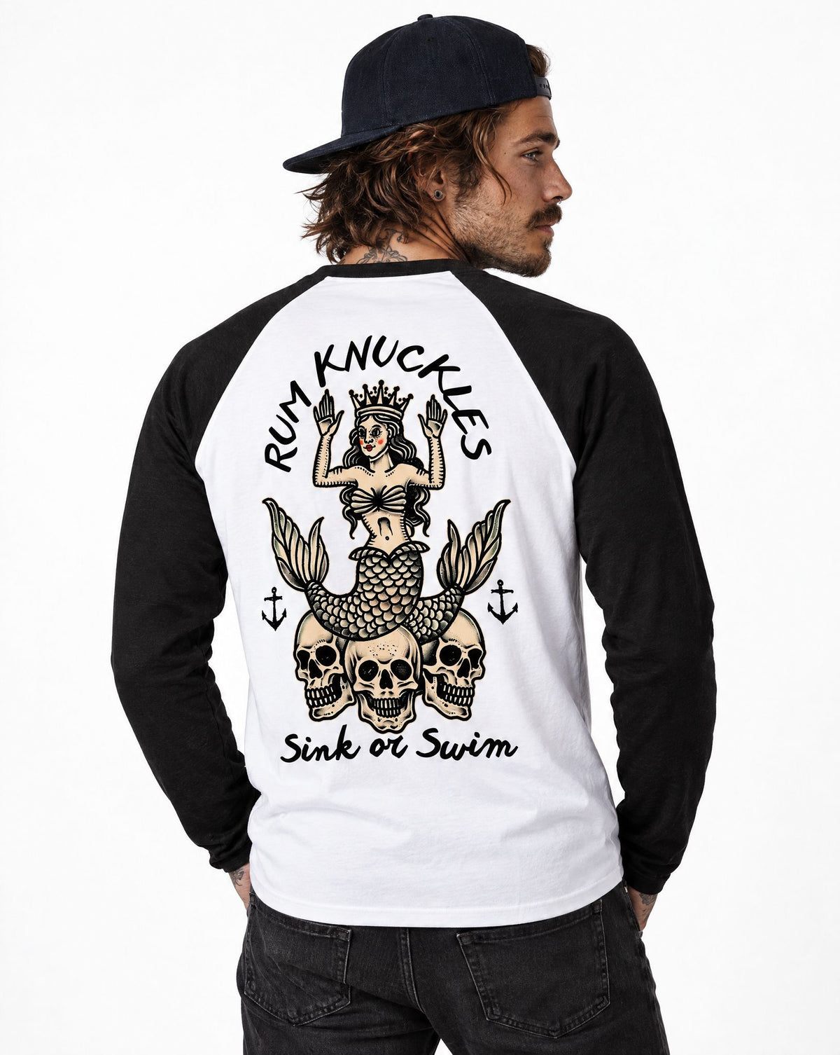 RUM KNUCKLES RK MERMAID Baseball Tee - White/Black - model back