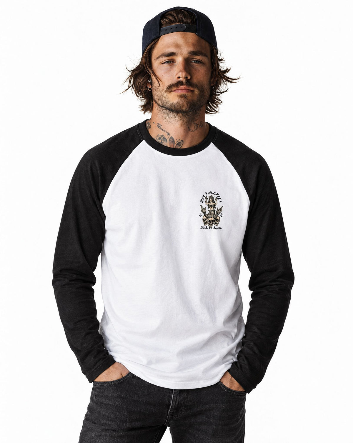 RUM KNUCKLES RK MERMAID Baseball Tee - White/Black - model front
