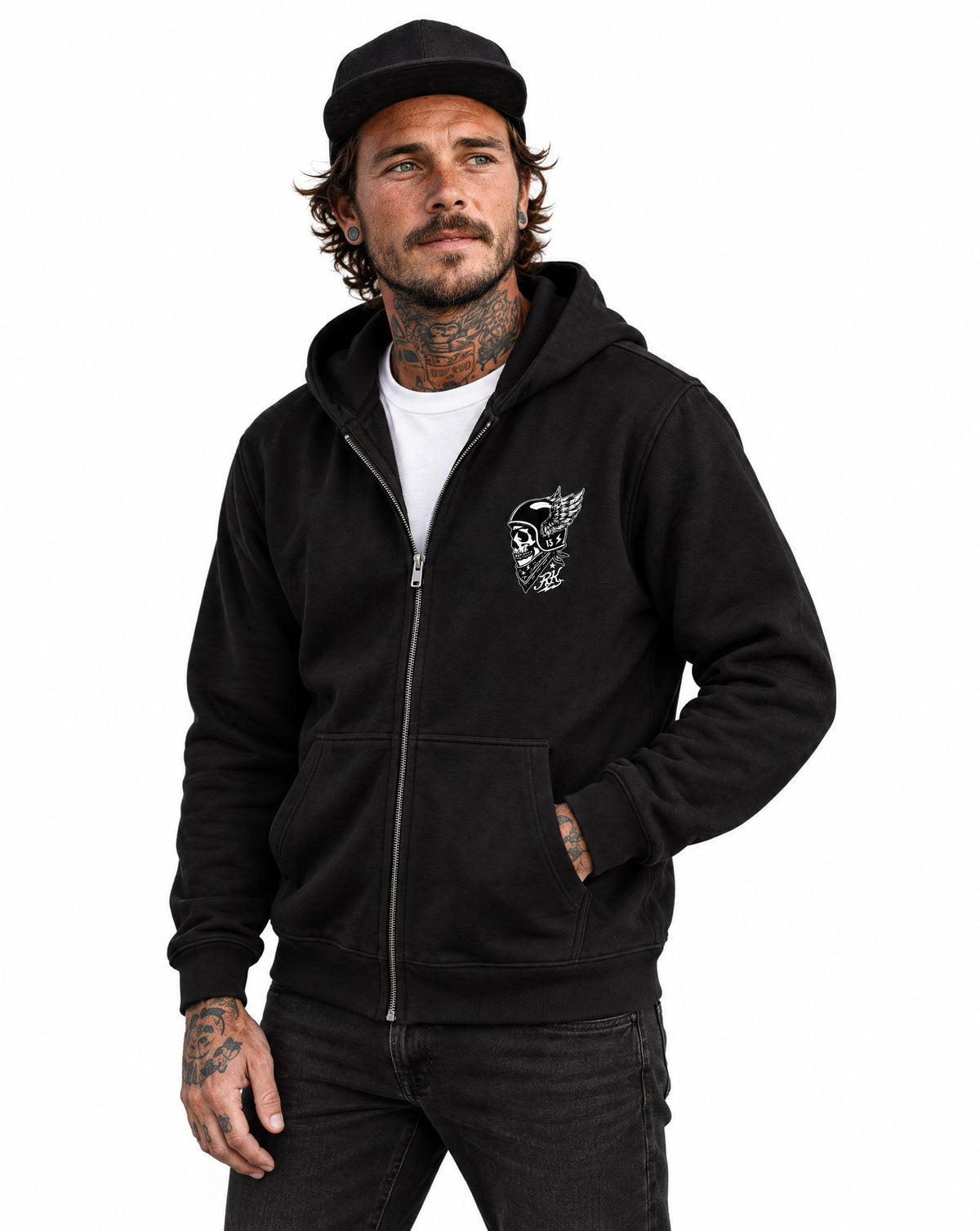 RUM KNUCKLES WINGED BIKER Zip Hoodie - Black - model front