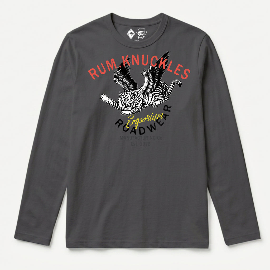 RUM KNUCKLES FLYING TIGER Long Sleeve Tee - Charcoal - front
