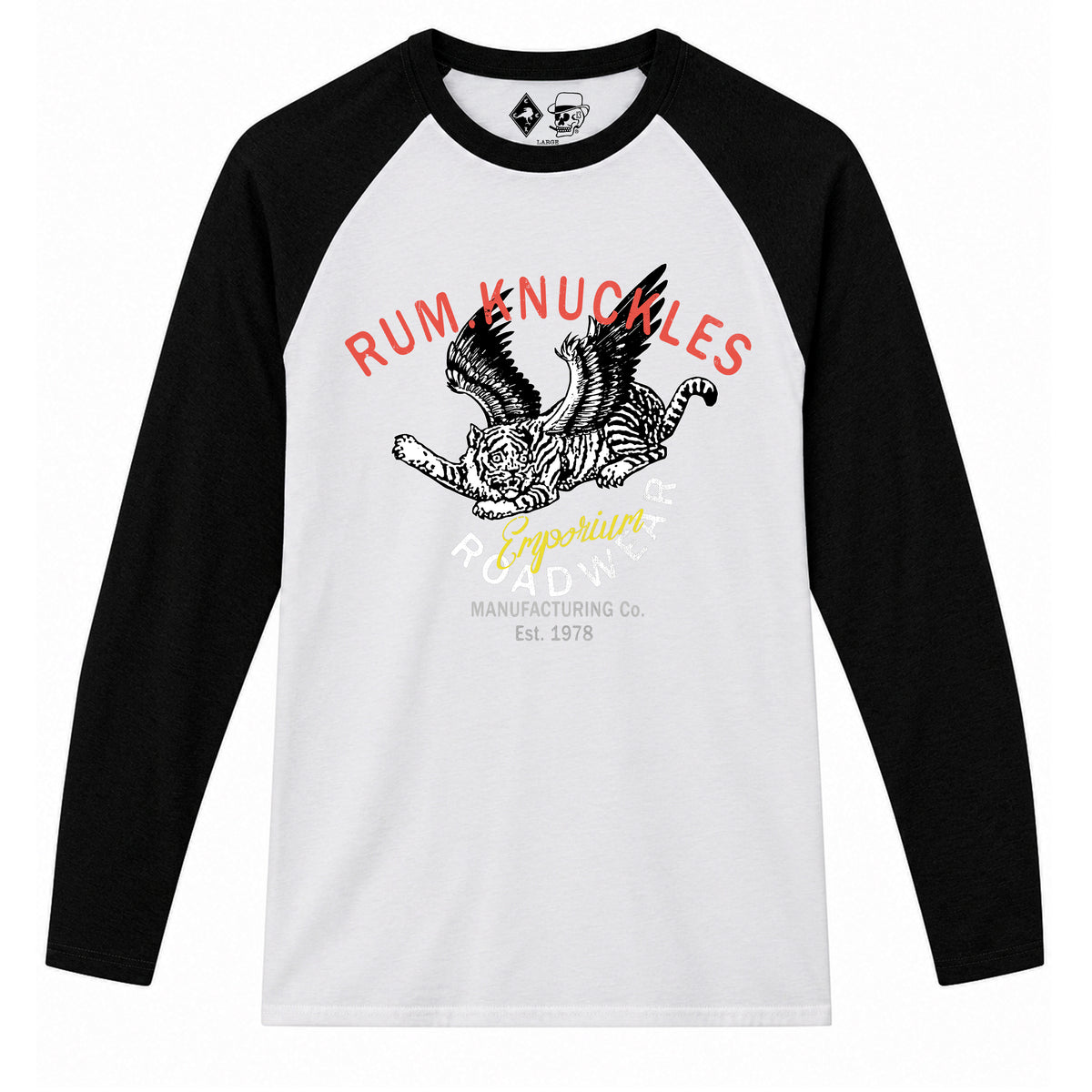 RUM KNUCKLES FLYING TIGER Baseball Tee - White/Black - front