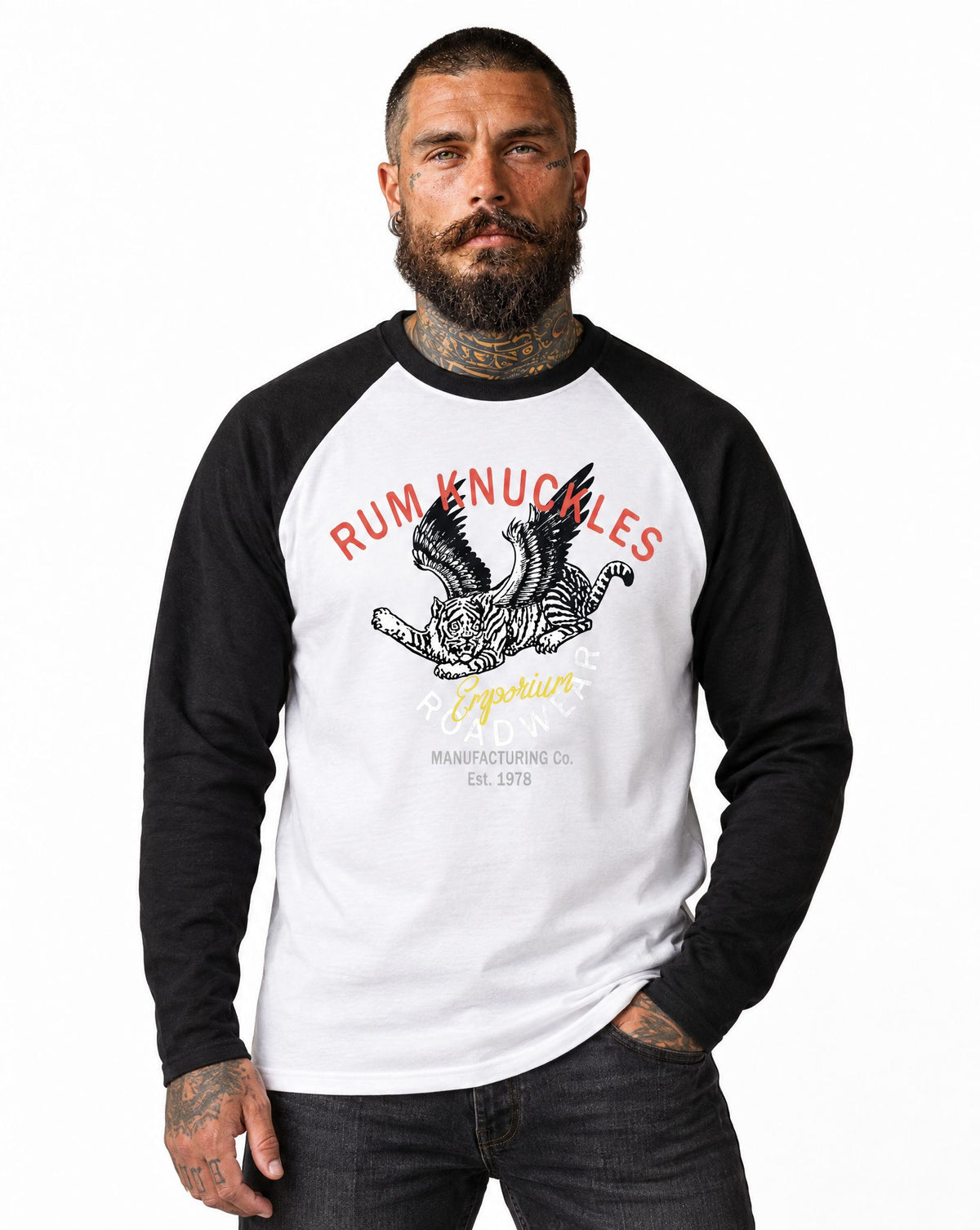 RUM KNUCKLES FLYING TIGER Baseball Tee - White/Black - model front