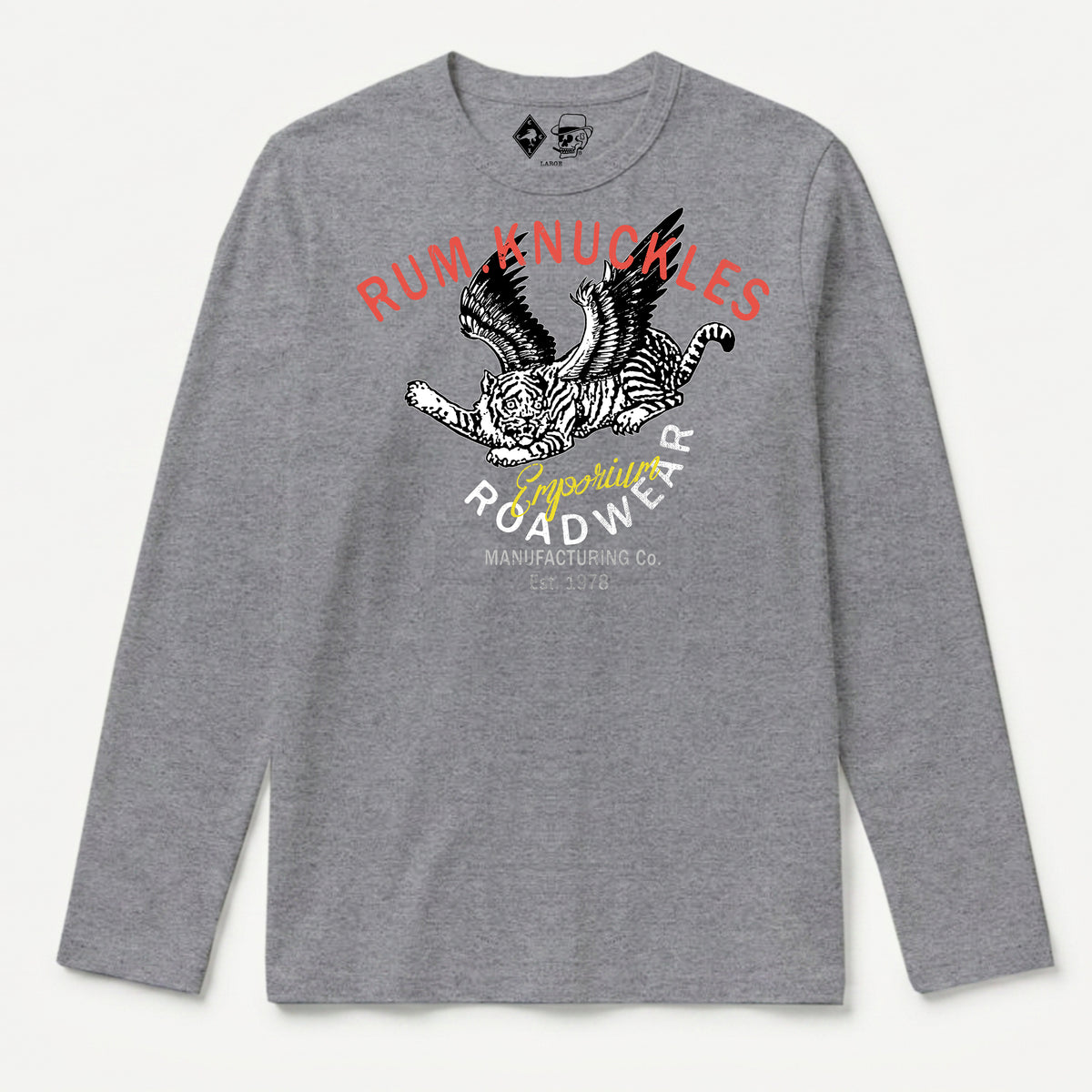RUM KNUCKLES FLYING TIGER Long Sleeve Tee - Heather Grey - front