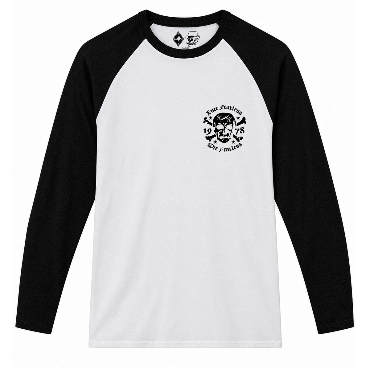 RUM KNUCKLES LIVE FEARLESS Baseball Tee - White/Black - front