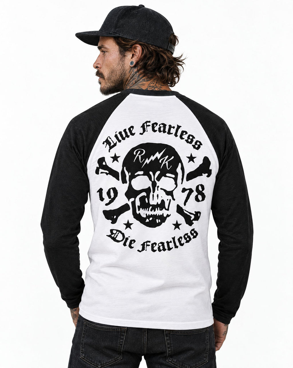 RUM KNUCKLES LIVE FEARLESS Baseball Tee - White/Black - model back
