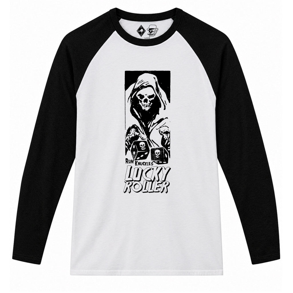 RUM KNUCKLES LUCKY ROLLER Baseball Tee - White/Black - front