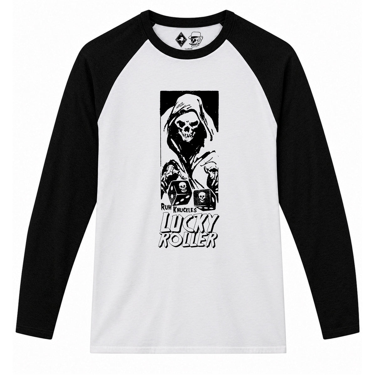 RUM KNUCKLES LUCKY ROLLER Baseball Tee - White/Black - front