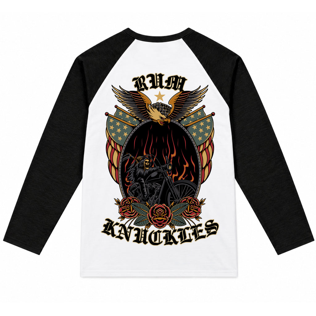 RUM KNUCKLES RK EAGLE BIKER Baseball Tee - White/Black - back