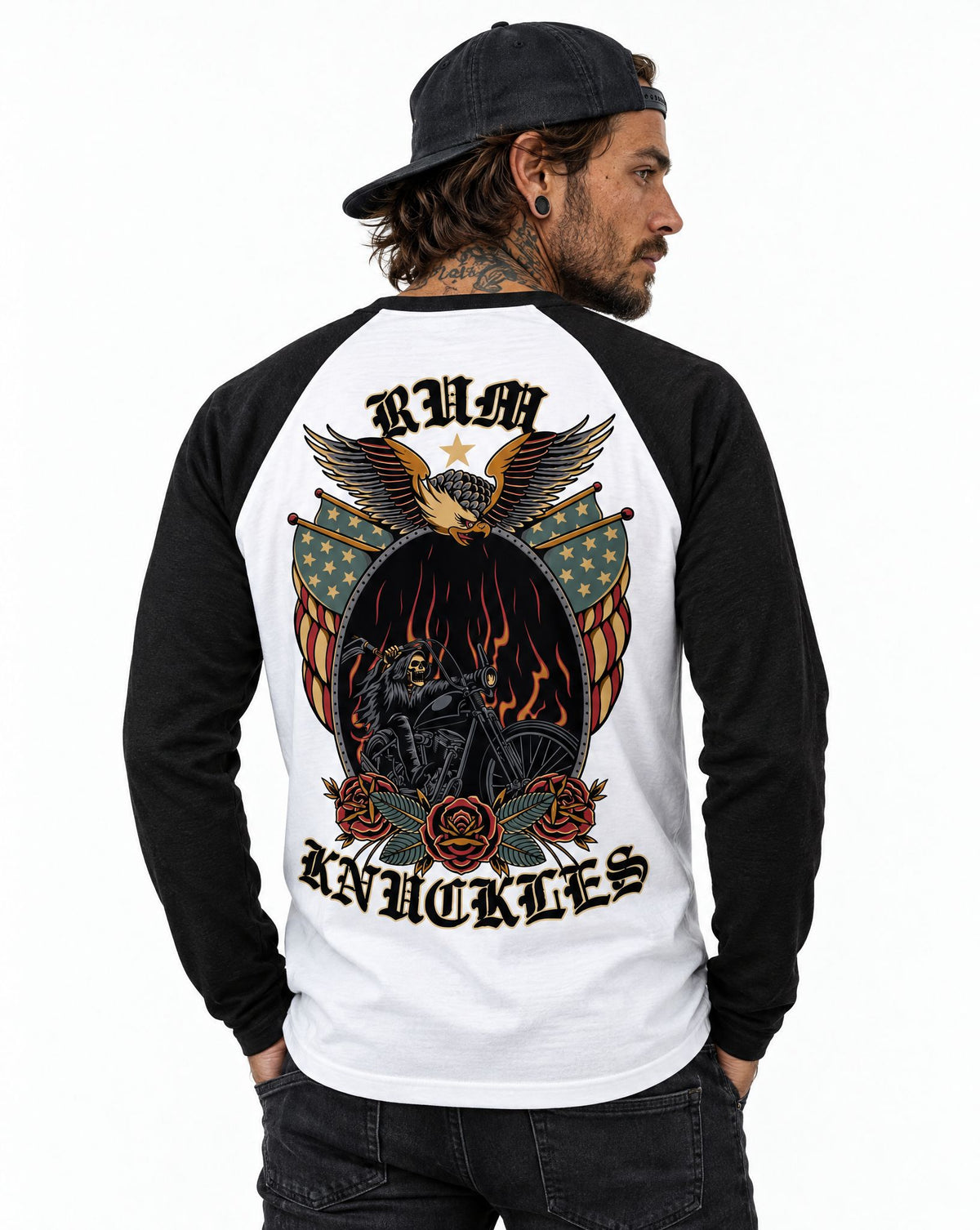 RUM KNUCKLES RK EAGLE BIKER Baseball Tee - White/Black - model back