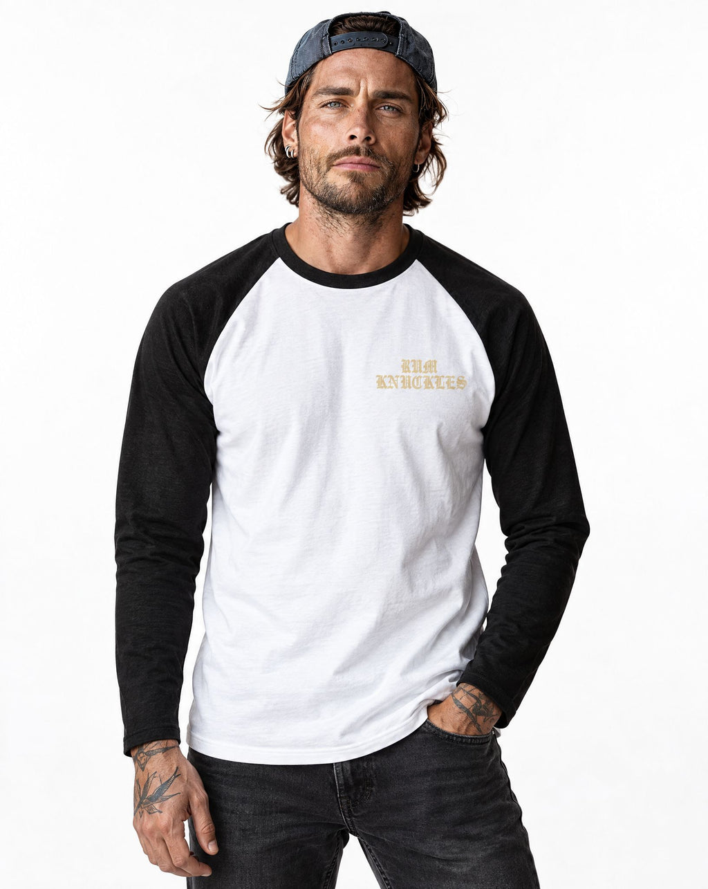 RUM KNUCKLES RK EAGLE BIKER Baseball Tee - White/Black - model front