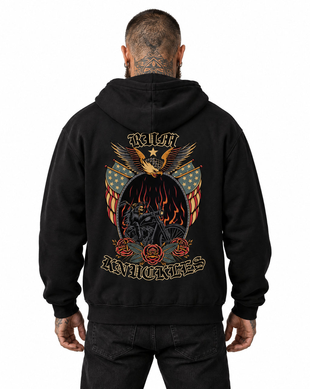 RUM KNUCKLES RK EAGLE BIKER Zip Hoodie - Black - model back