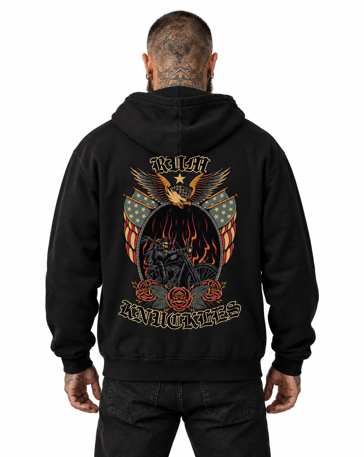 RUM KNUCKLES RK EAGLE BIKER Zip Hoodie - Black - model back