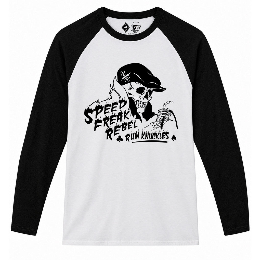 RUM KNUCKLES SPEED FREAK Baseball Tee - White/Black - front