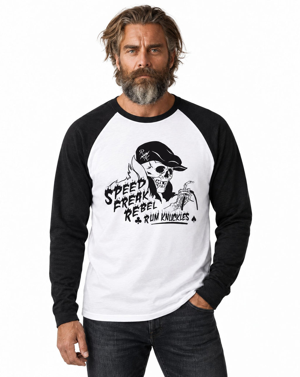 RUM KNUCKLES SPEED FREAK Baseball Tee - White/Black - model front