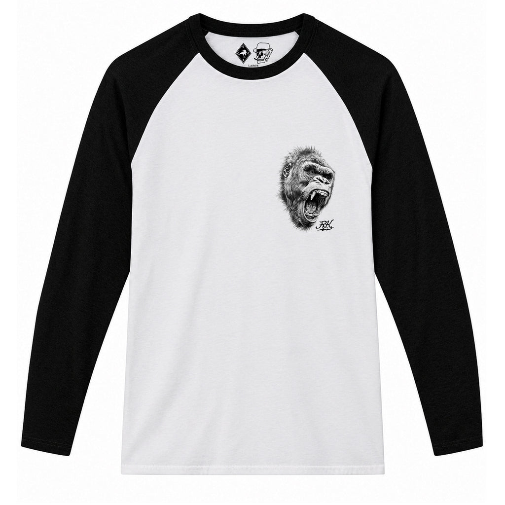 RUM KNUCKLES GORILLA TACTICS Baseball Tee - White/Black - front