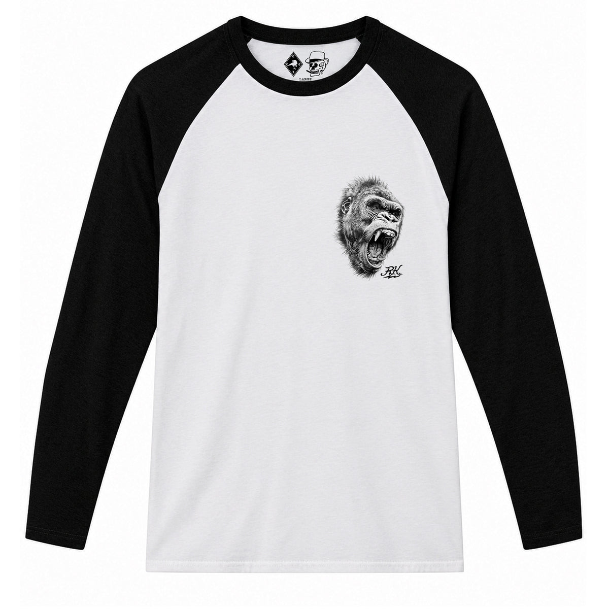 RUM KNUCKLES GORILLA TACTICS Baseball Tee - White/Black - front