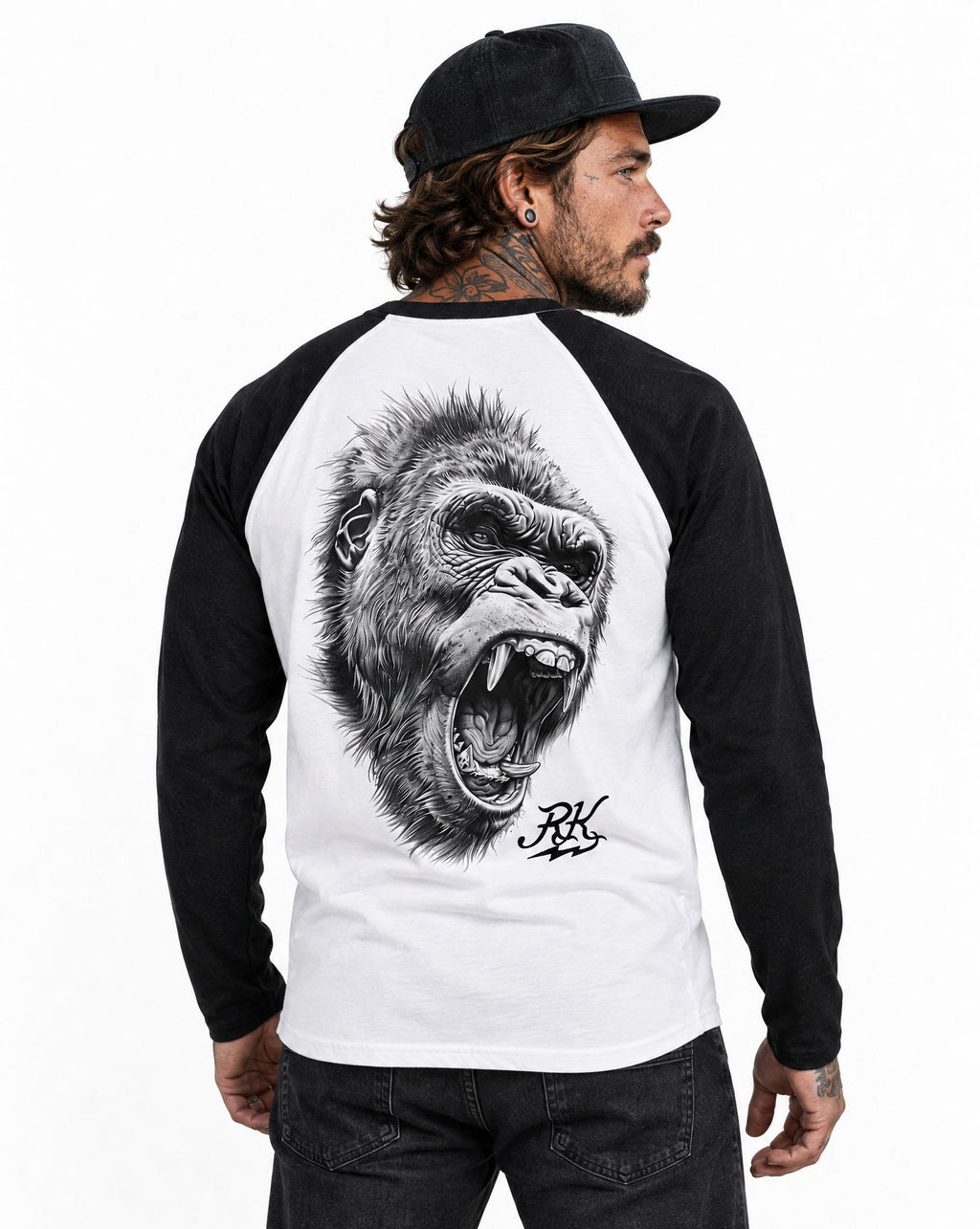 RUM KNUCKLES GORILLA TACTICS Baseball Tee - White/Black - model back