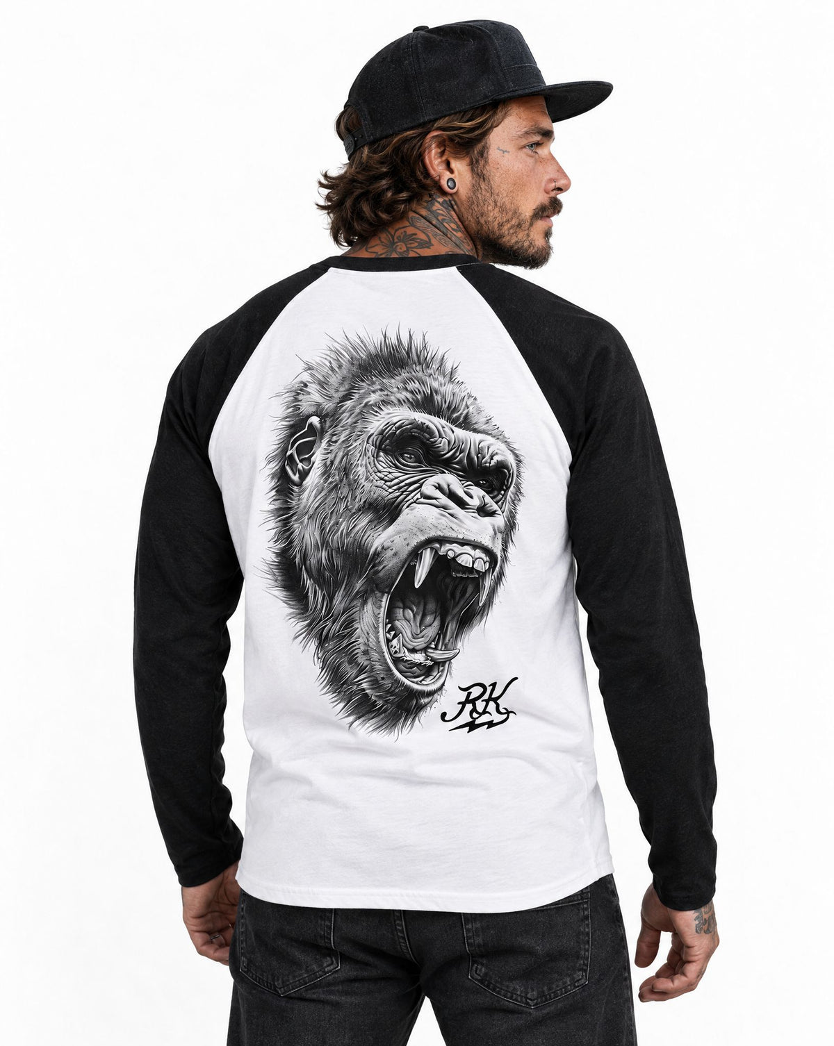 RUM KNUCKLES GORILLA TACTICS Baseball Tee - White/Black - model back