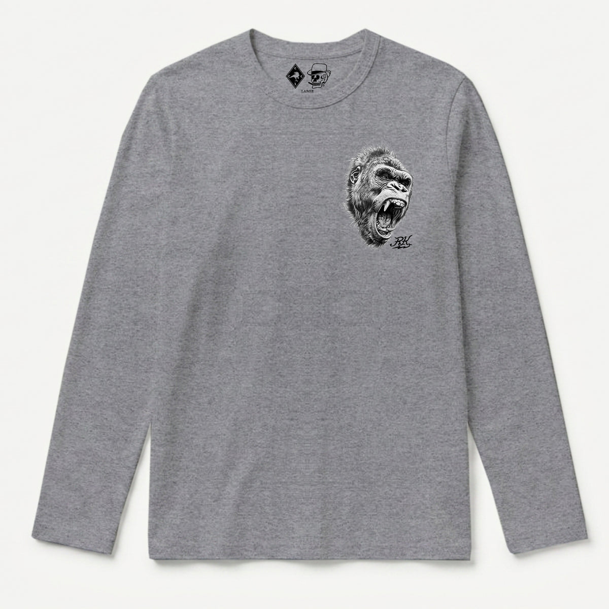 RUM KNUCKLES GORILLA TACTICS Long Sleeve Tee - Heather Grey - front