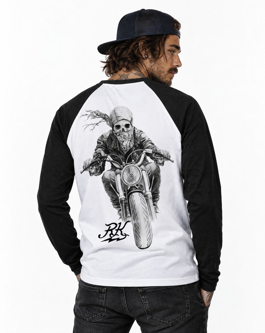 RUM KNUCKLES GHOST RIDER Baseball Tee - White/Black - model back