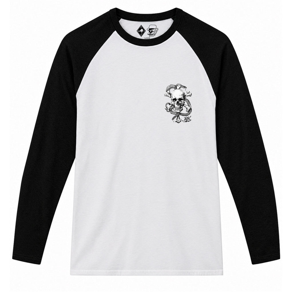 RUM KNUCKLES CROSS BONES Baseball Tee - White/Black - front