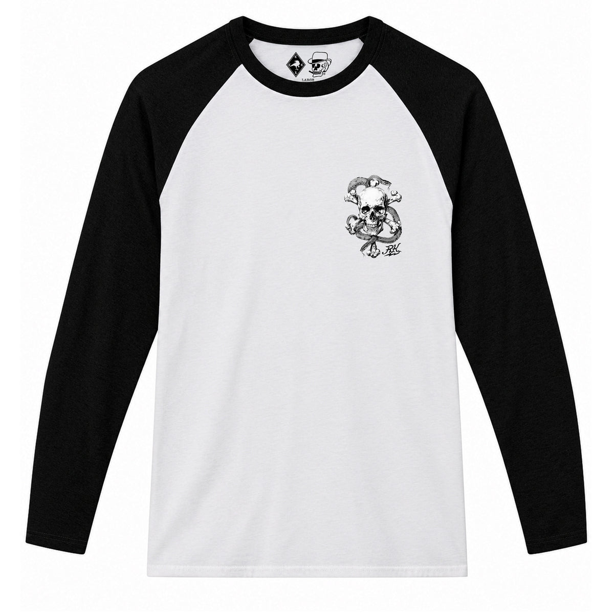 RUM KNUCKLES CROSS BONES Baseball Tee - White/Black - front