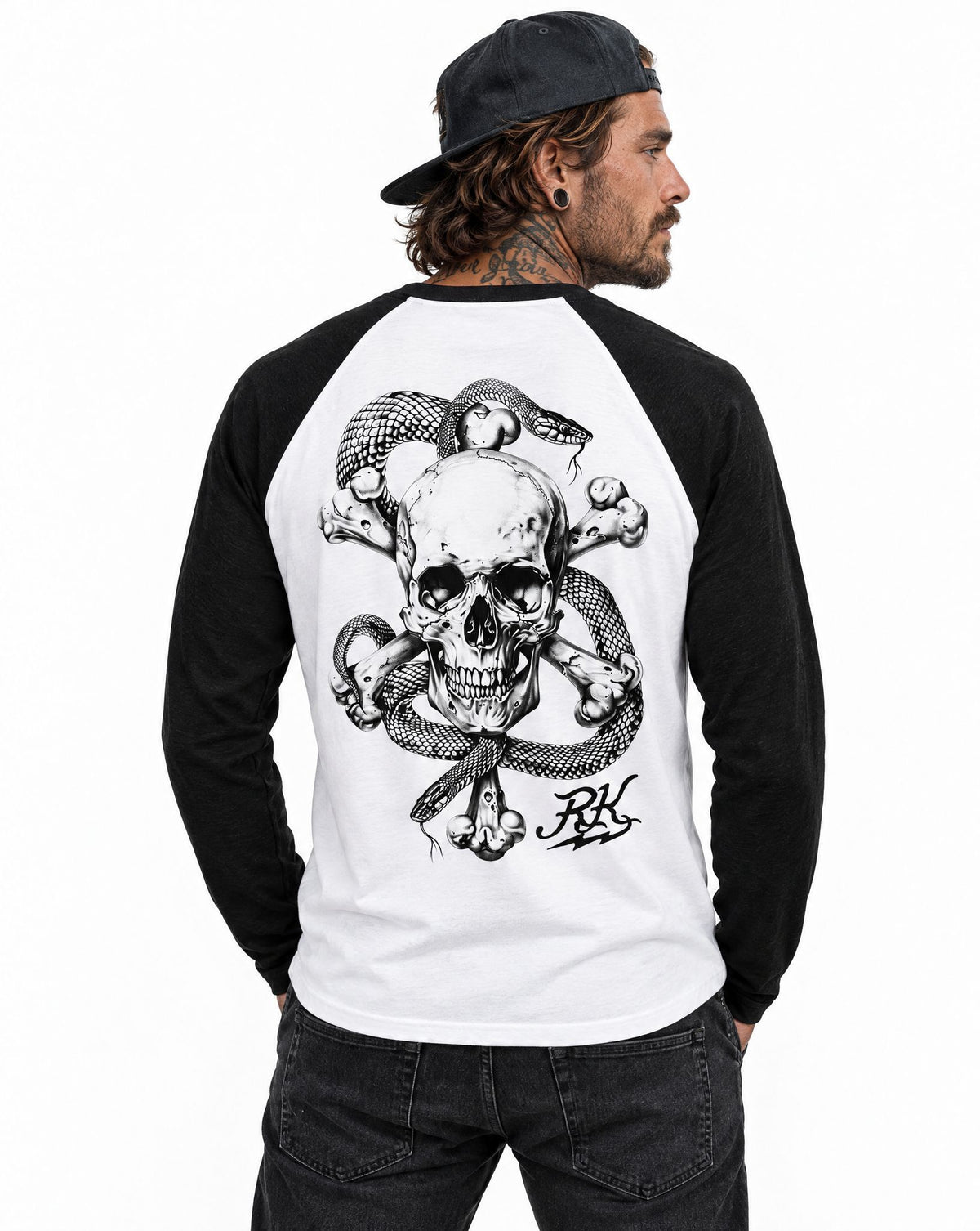 RUM KNUCKLES CROSS BONES Baseball Tee - White/Black - model back